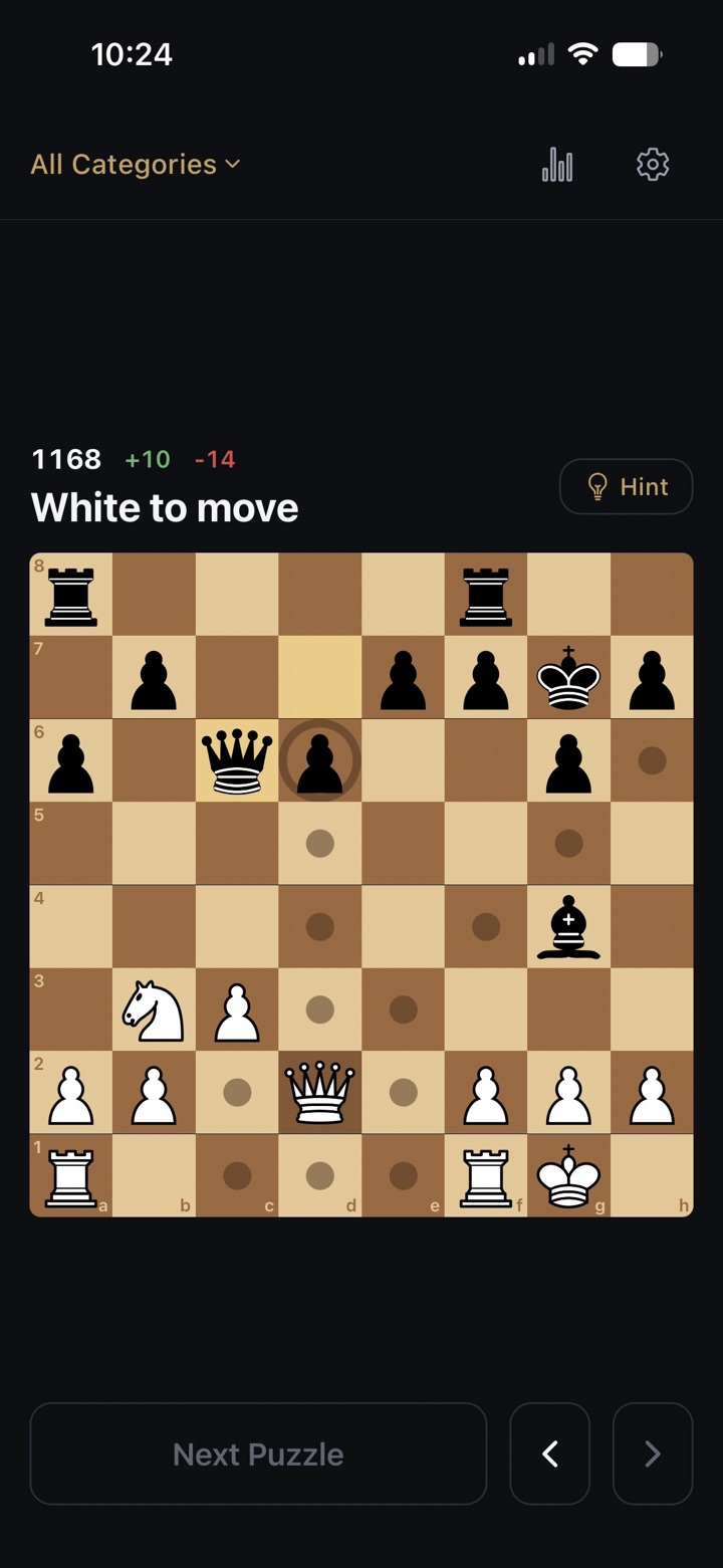 A rated chess puzzle with white to move, showing the puzzle rating and a hint button