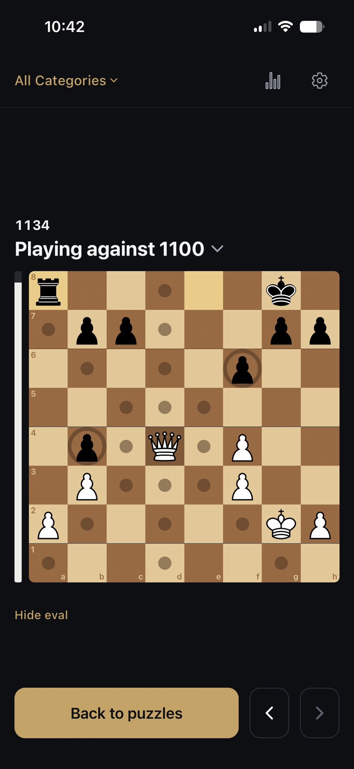 Playing a solved position out against the built-in engine with the evaluation bar shown