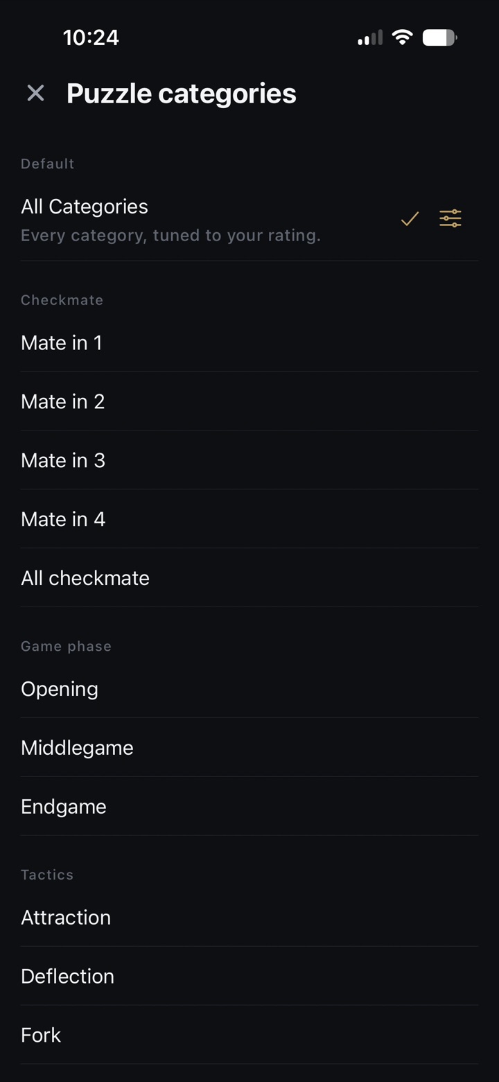 Puzzle categories including mate in one to four, opening, middlegame, endgame, and tactics